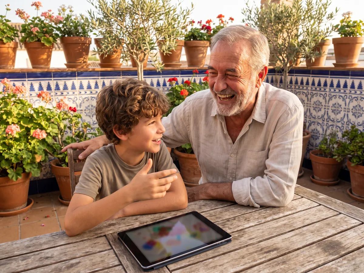 Un abuelo y su nieto se ríen en el patio mientras hacen una actividad en la tableta.