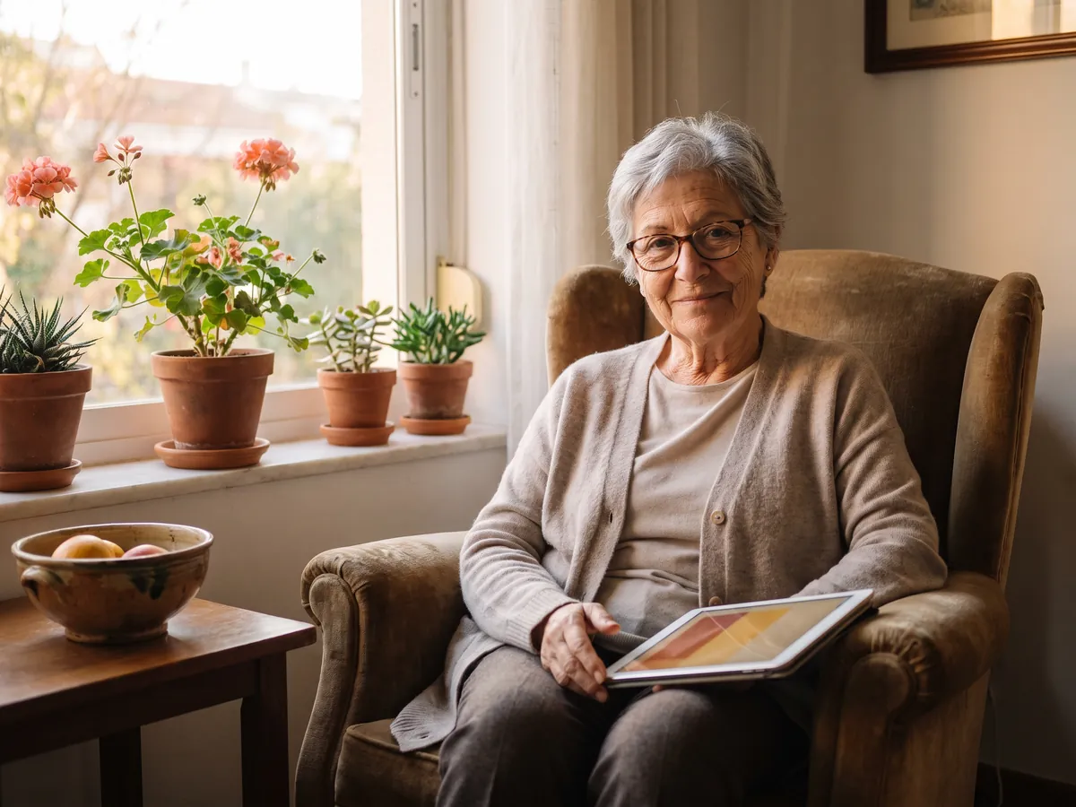 Una mujer mayor lee tranquila en su sillón con una tableta de letra grande.