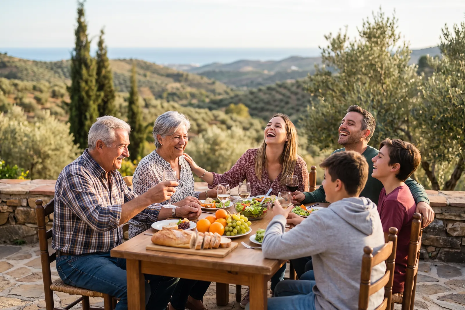 Una familia de varias generaciones come en una terraza soleada de la Axarquía.