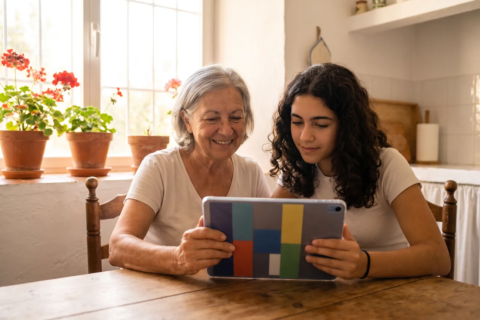 Una abuela y su nieta sonríen juntas ante una tableta en la cocina de casa.