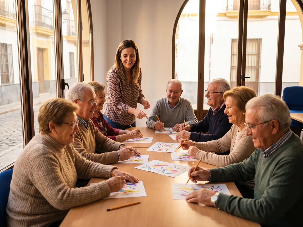 Una monitora con un grupo de personas mayores trabajando con fichas en un taller.