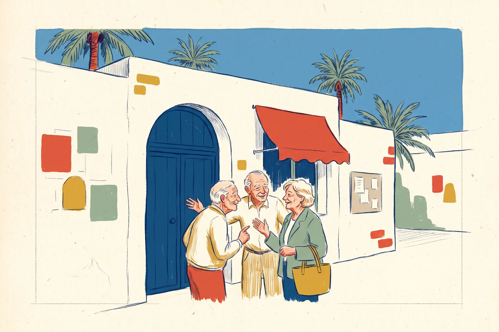 Ilustración de la fachada de un centro municipal andaluz con palmeras.