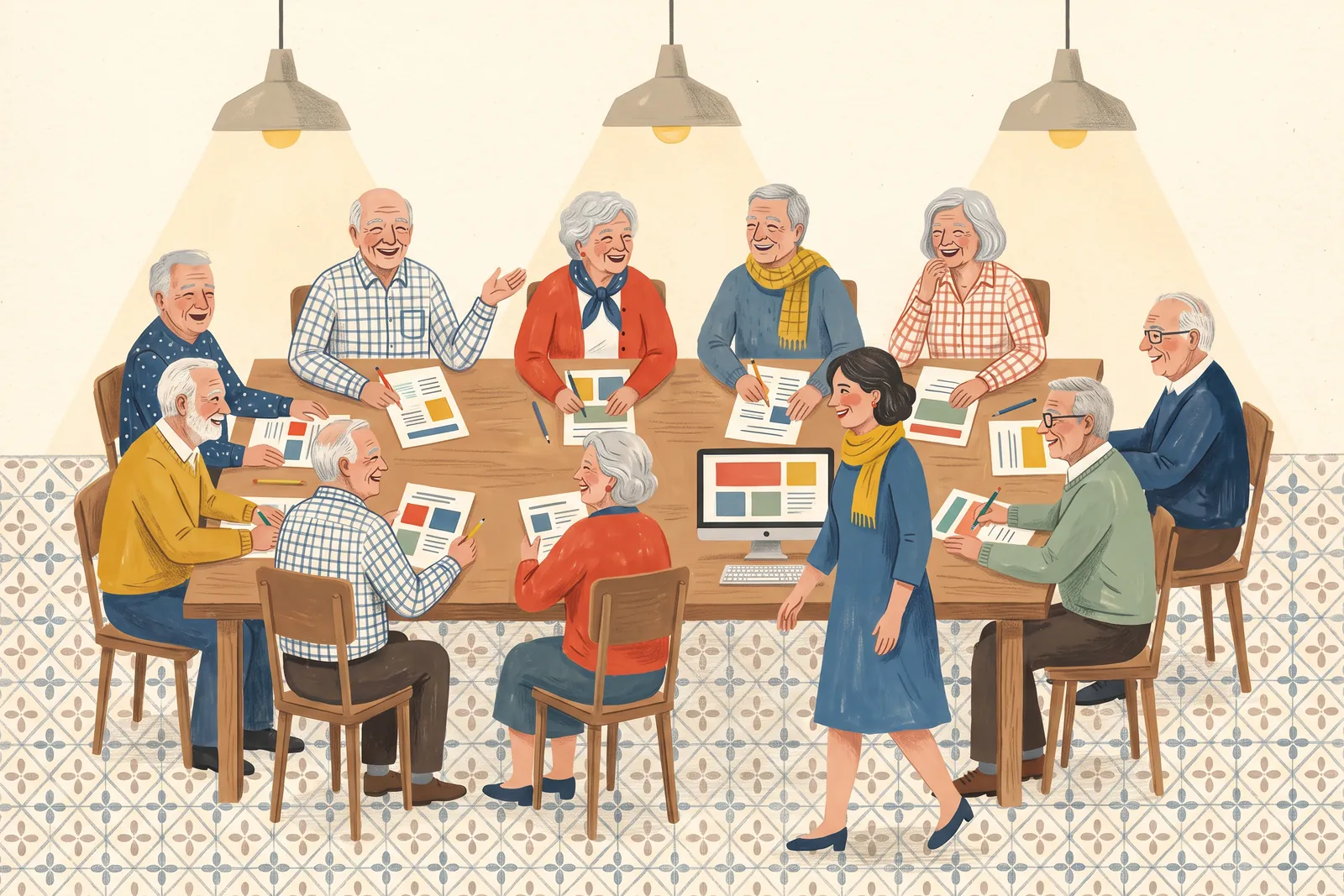 Ilustración de personas mayores charlando y riendo alrededor de una mesa en un taller.