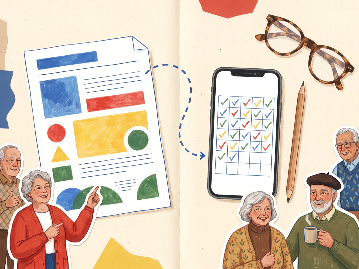 Ilustración de una ficha impresa unida a un móvil con un calendario de marcas verdes.