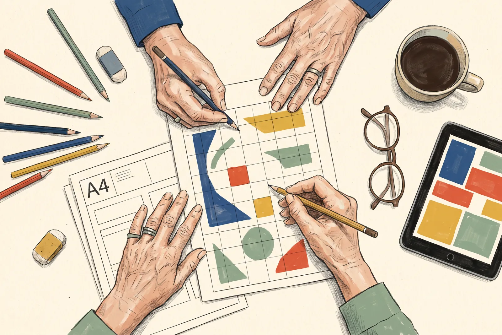 Ilustración de una mesa de taller con fichas, lápices, gafas y una tableta.