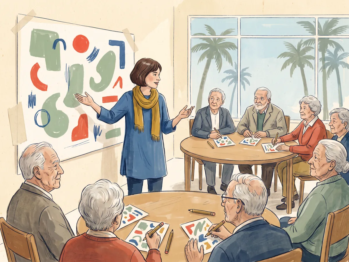 Ilustración de una monitora explicando a un grupo de personas mayores en un aula.