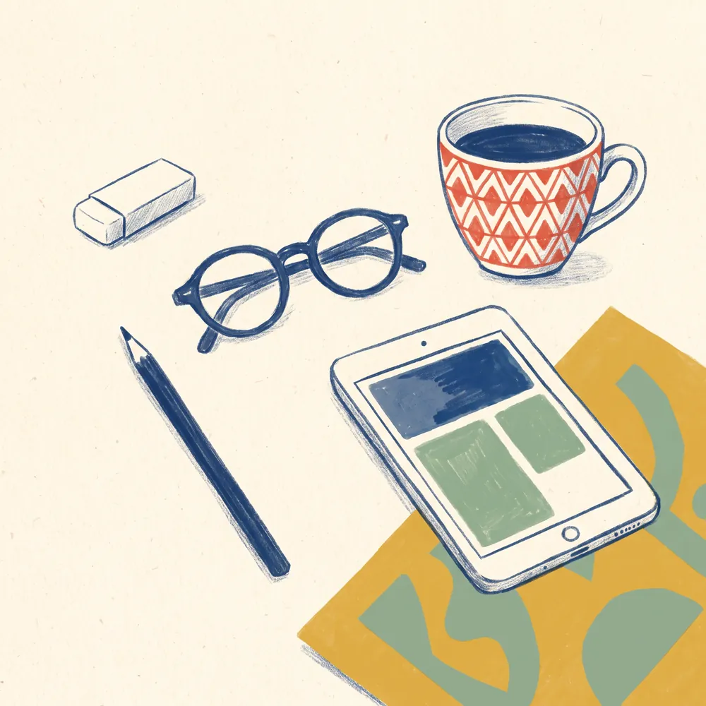 Ilustración de un lápiz, una goma, unas gafas, una taza y una tableta sobre una mesa.