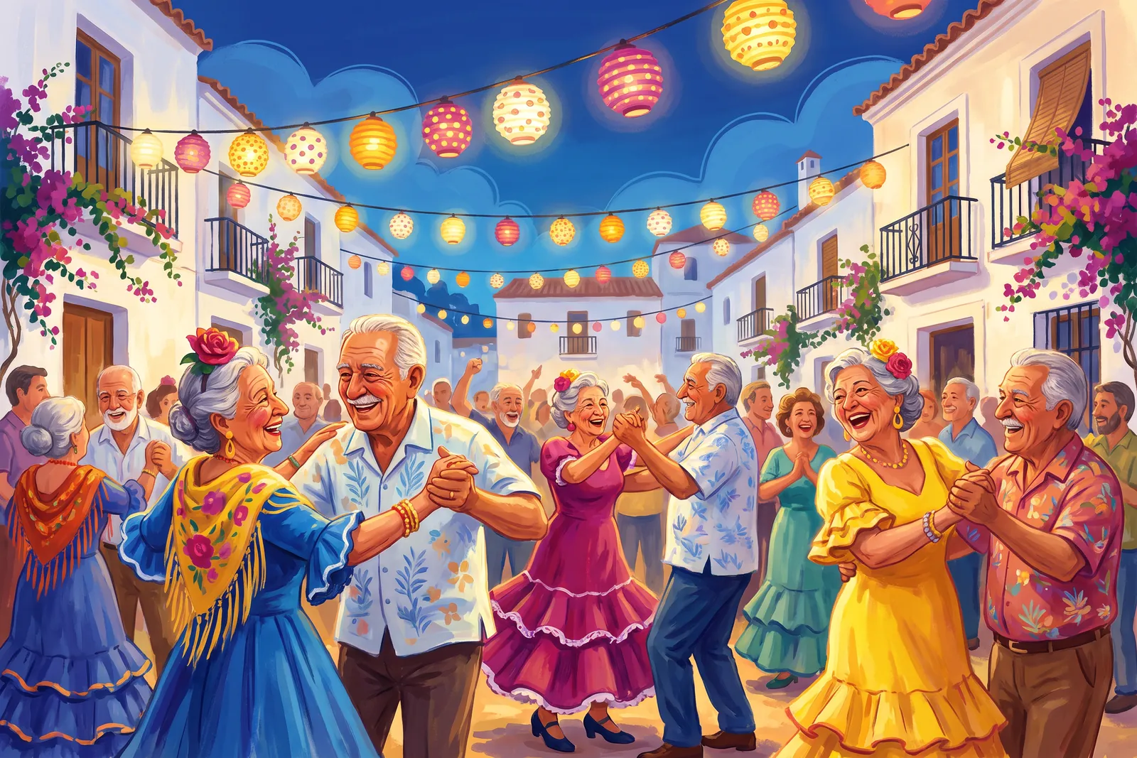 Personas mayores bailan y ríen bajo farolillos en la Feria de Málaga.
