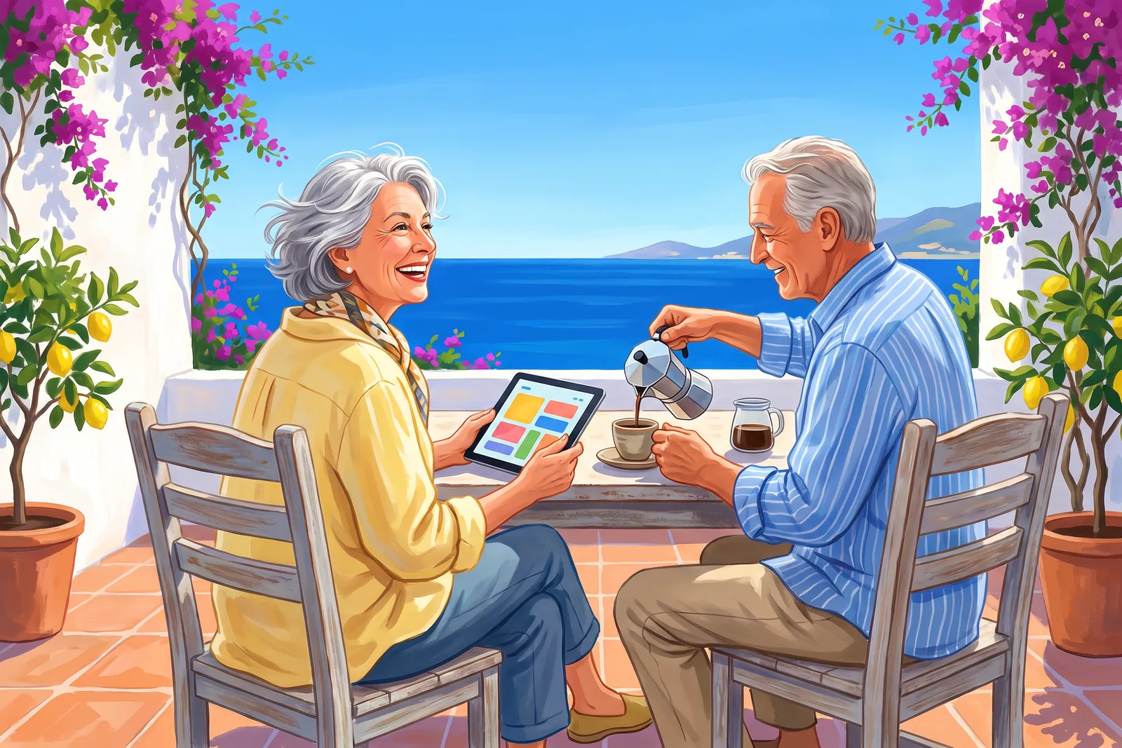 Una pareja mayor en una terraza frente al mar; ella sostiene una tableta y sonríe.