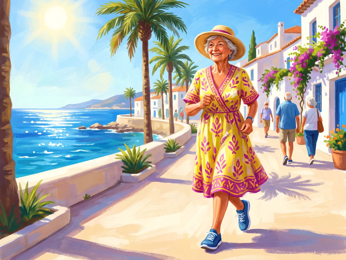 Una mujer mayor pasea con energía por un paseo marítimo con palmeras.