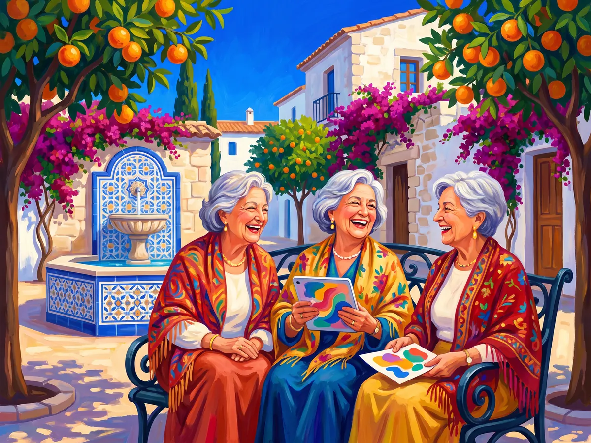 Tres amigas mayores ríen en un banco de la plaza con una tableta y una ficha.